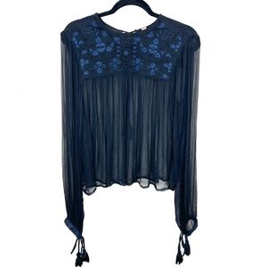 Free People Retro Femme Blouse Embroidered Beaded Black Sheer Size XS